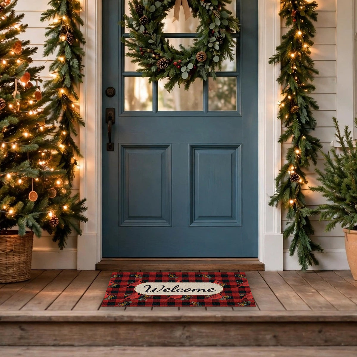Cardinals and Buffalo Plaid Pattern Welcome Doormat at a front door