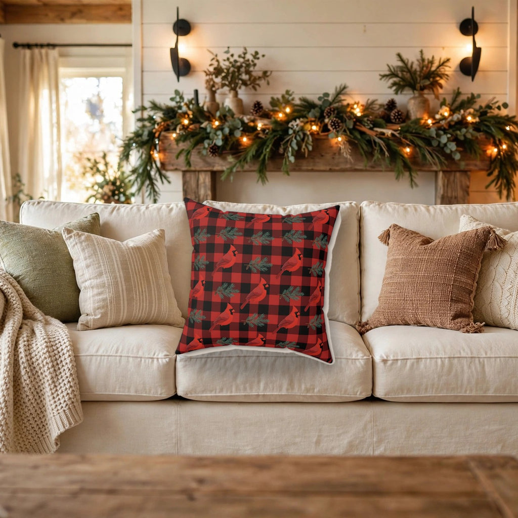 Cardinals and Buffalo Plaid Pattern Throw Pillow – Style 2 on a cozy sofa