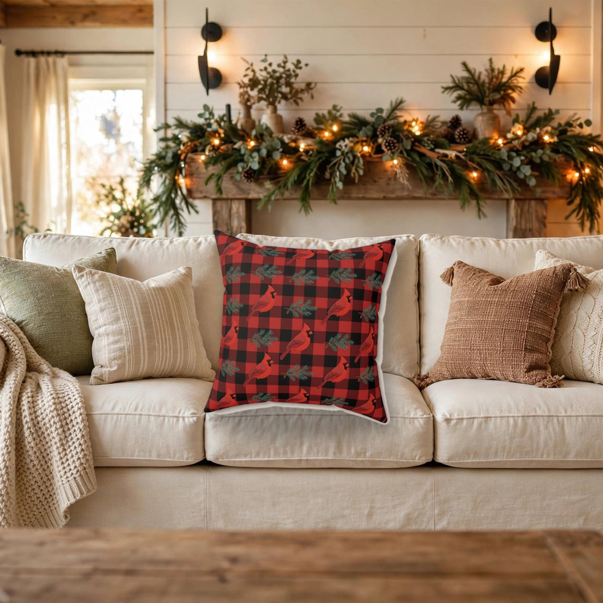 Cardinals and Buffalo Plaid Pattern Throw Pillow – Style 2 on a cozy sofa