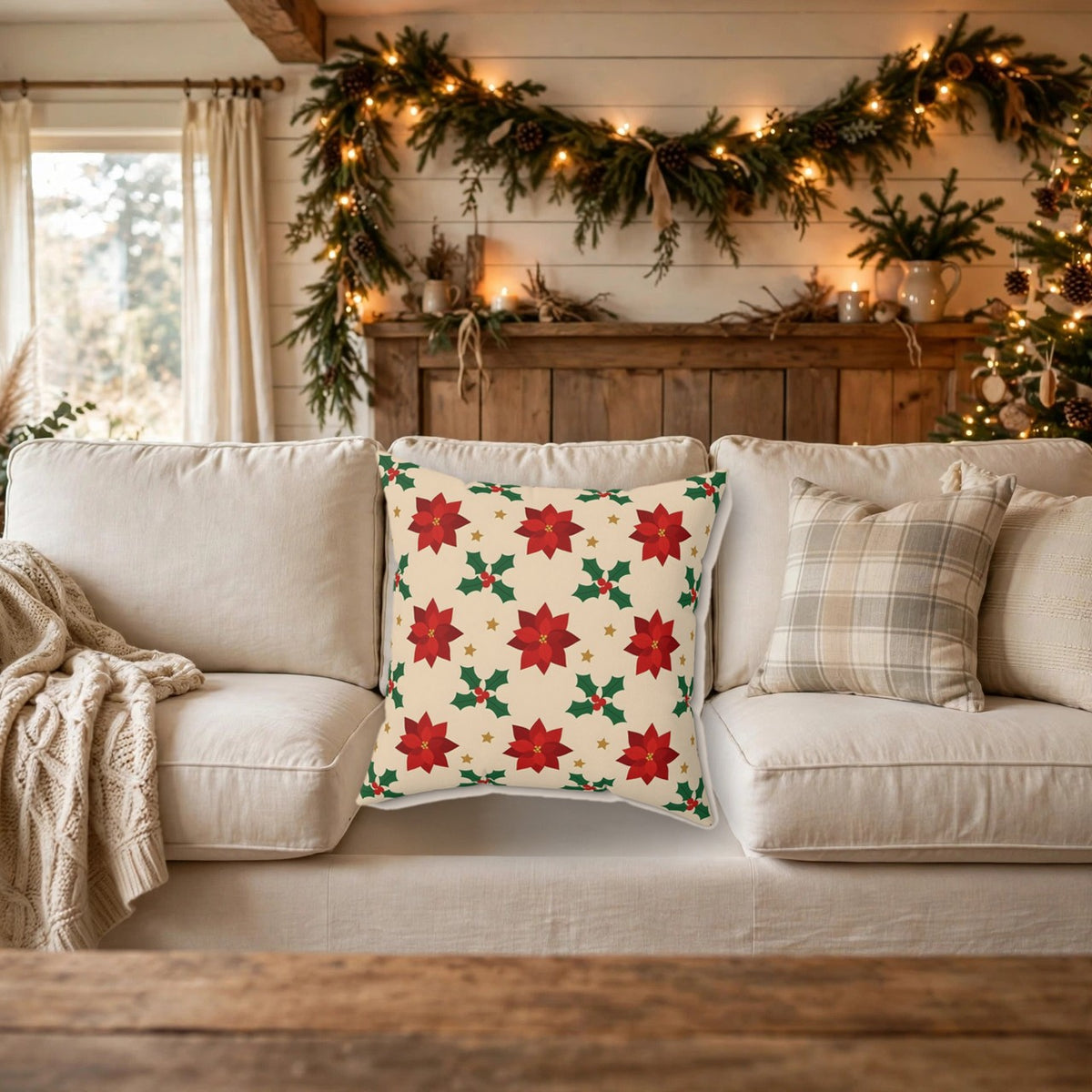Christmas Poinsettia Pattern Throw Pillow on a cozy sofa
