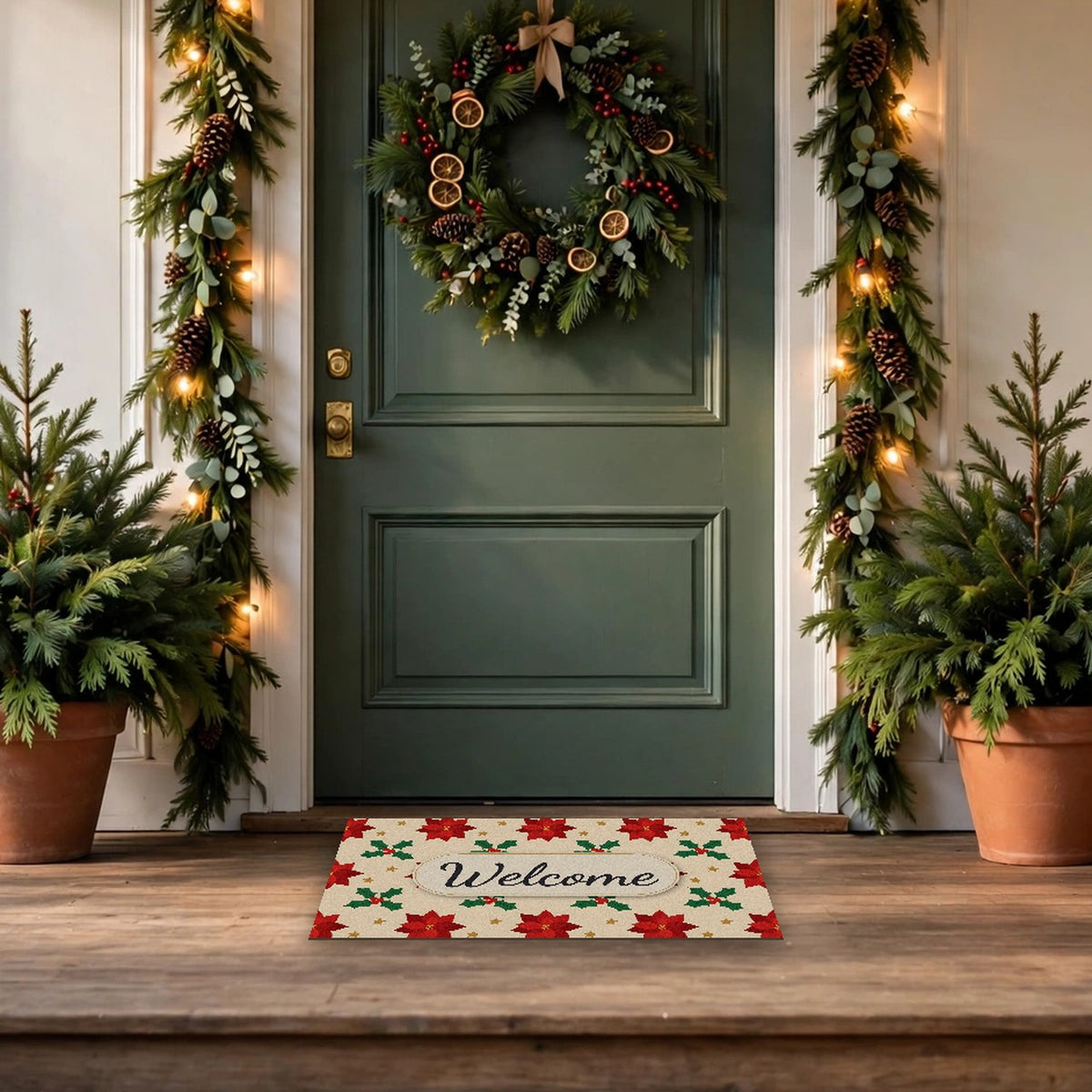 Christmas Poinsettia Pattern Welcome Doormat at a front door