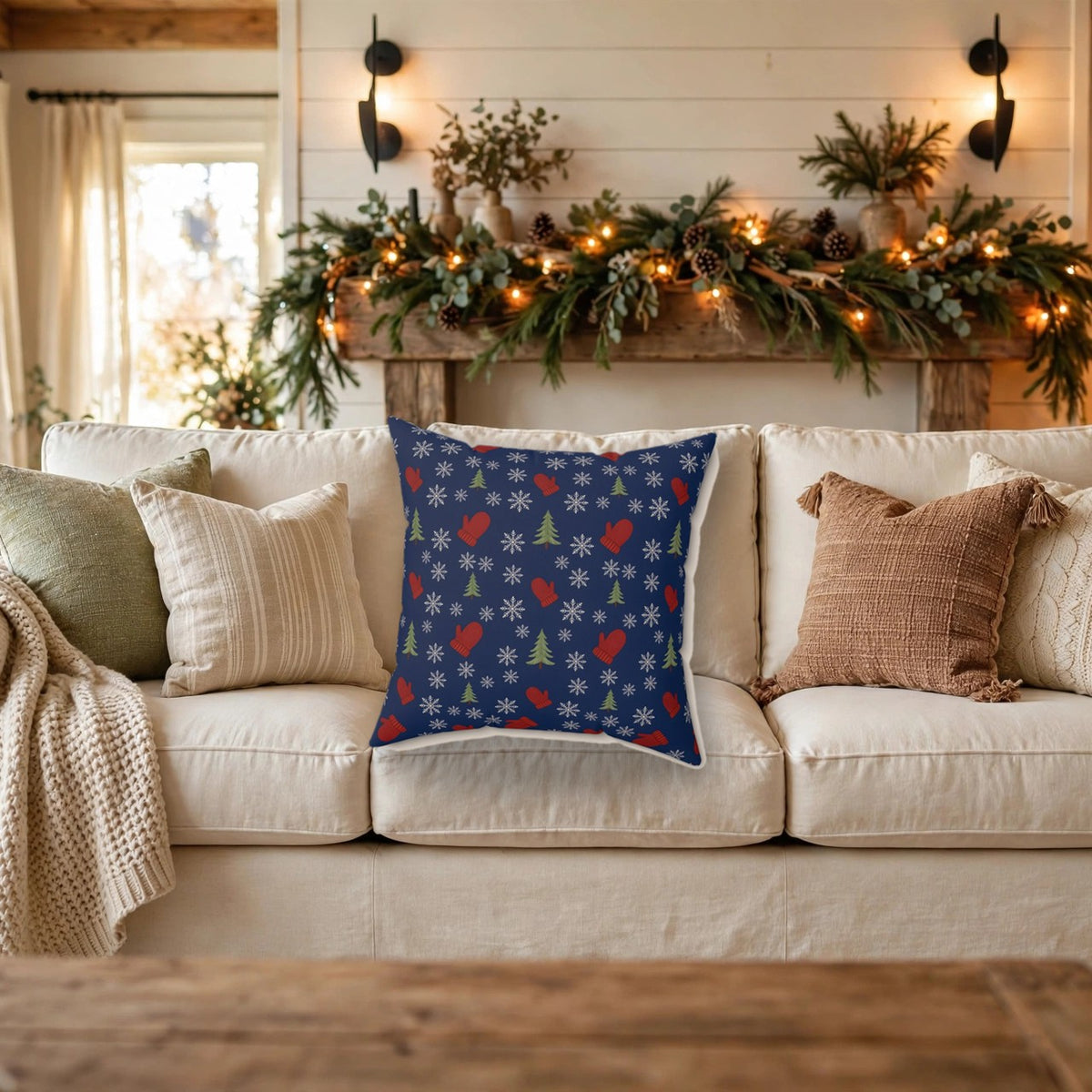 Snowflakes and Mittens Pattern Throw Pillow on a cozy sofa