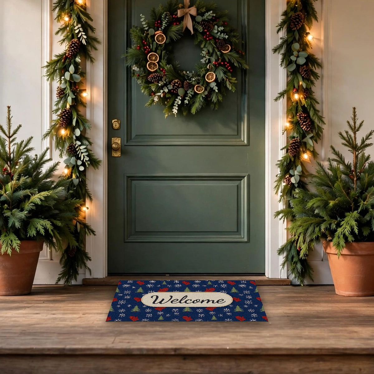 Snowflakes and Mittens Pattern Welcome Doormat at a front door