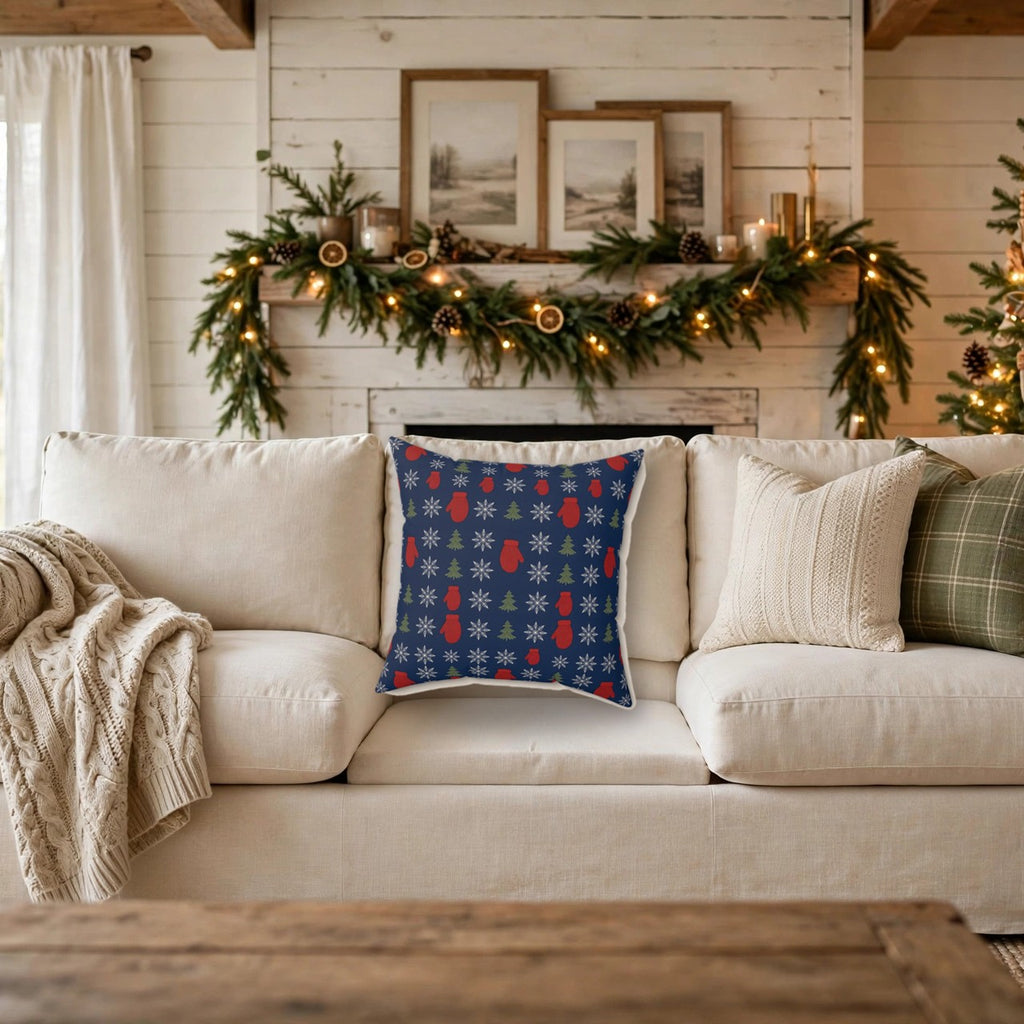 Snowflakes and Mittens Pattern Throw Pillow – Style 2 on a cozy sofa
