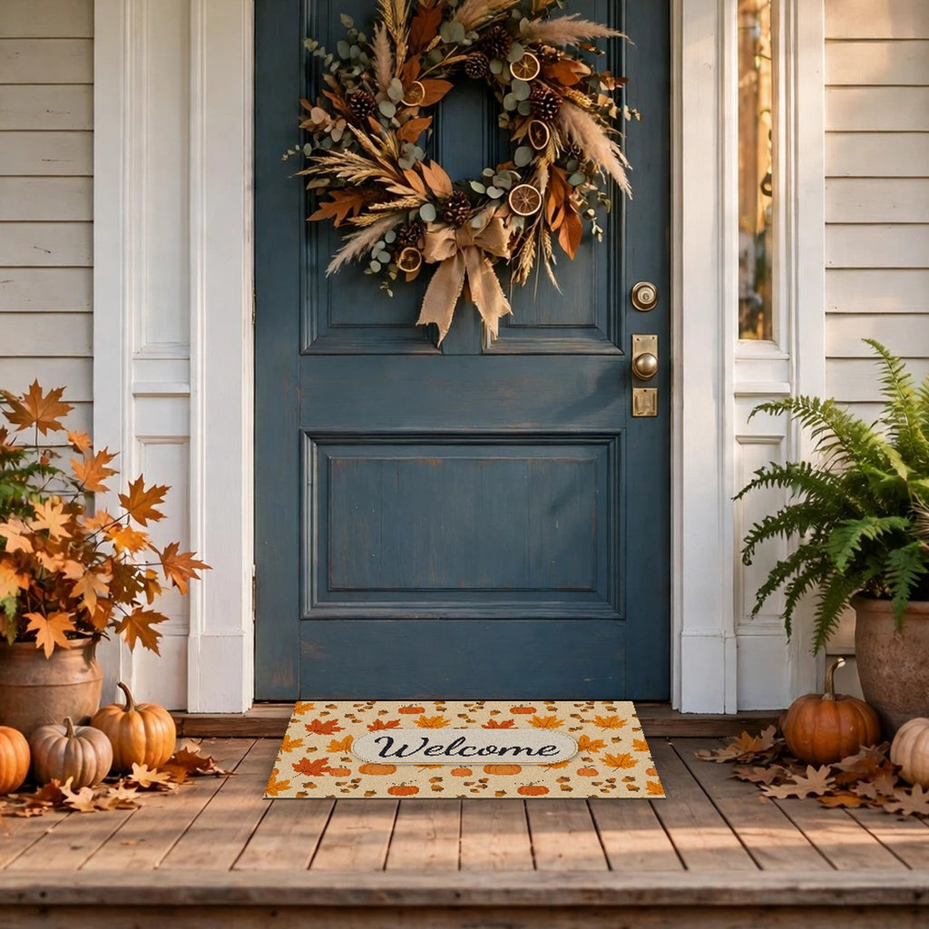 Autumn Leaves and Pumpkins Pattern Welcome Doormat at a front door