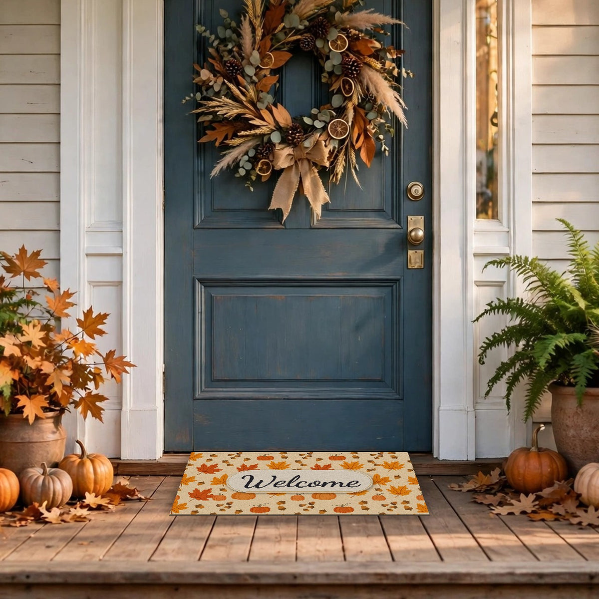 Autumn Leaves and Pumpkins Pattern Welcome Doormat at a front door