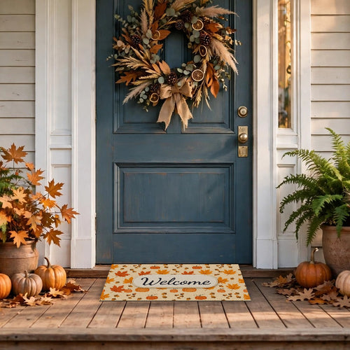 Autumn Leaves and Pumpkins Pattern Welcome Doormat at a front door