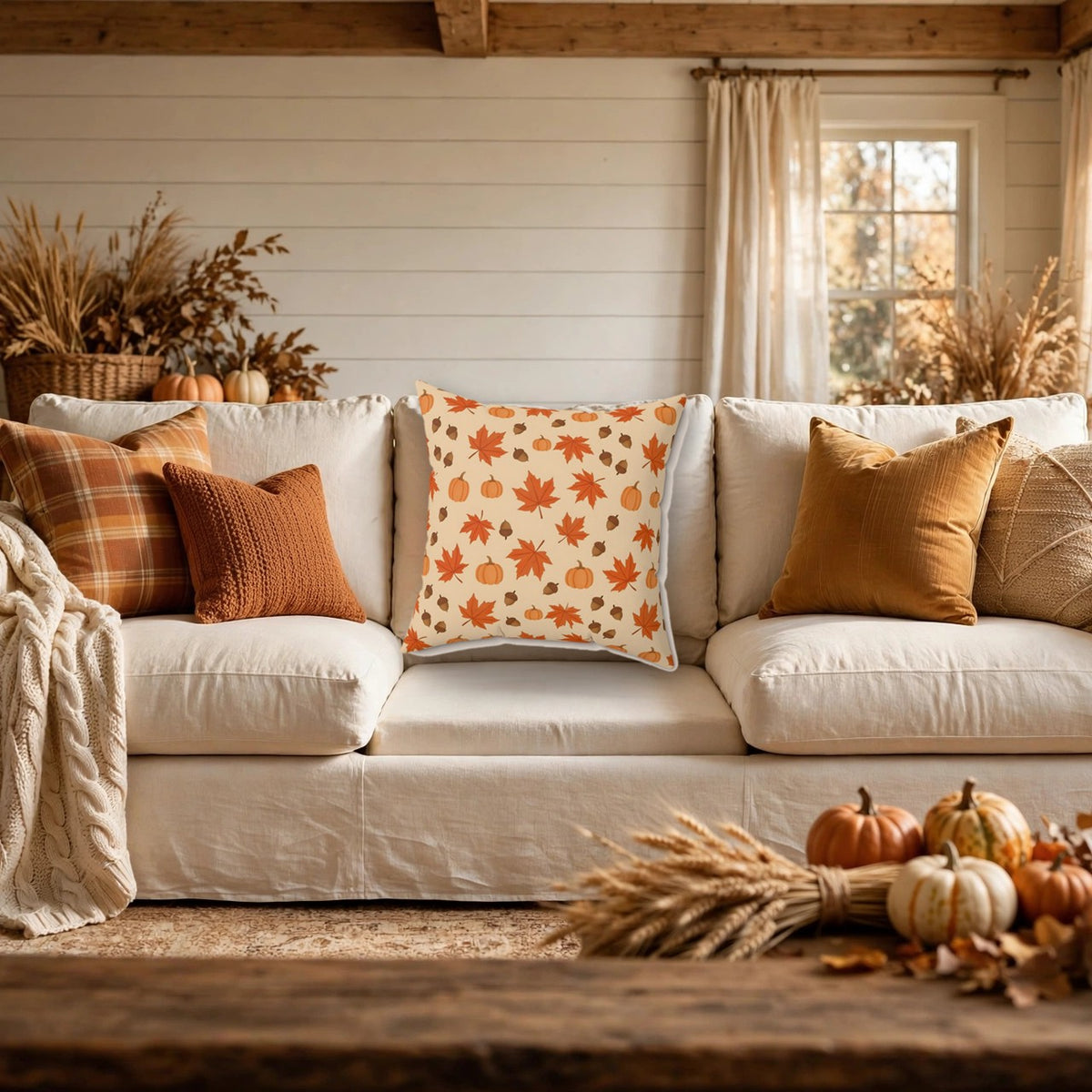 Autumn Leaves and Pumpkins Pattern Throw Pillow – Style 2 on a cozy sofa