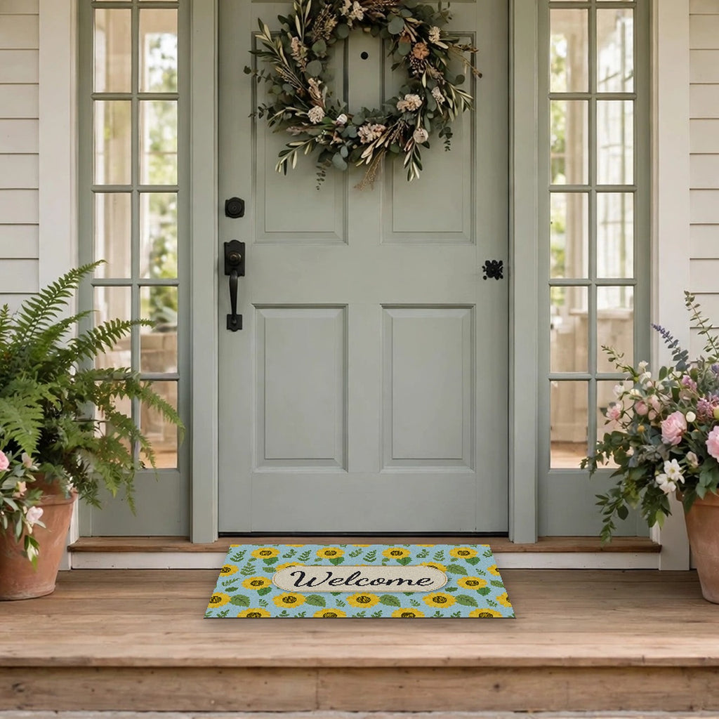 Sunflower Pattern Welcome Doormat at a front door