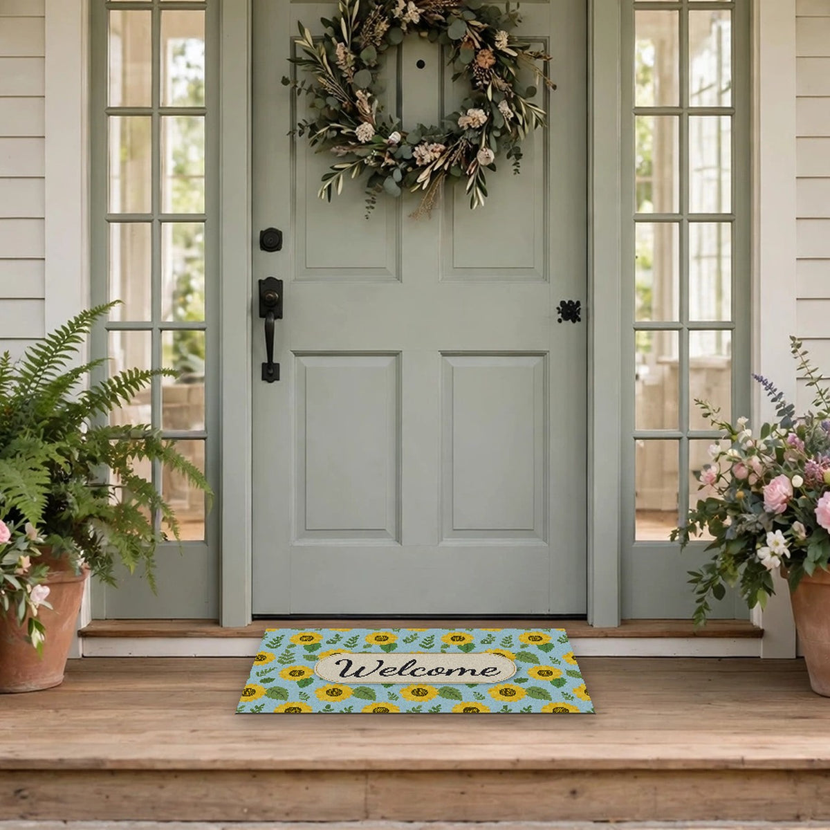 Sunflower Pattern Welcome Doormat at a front door