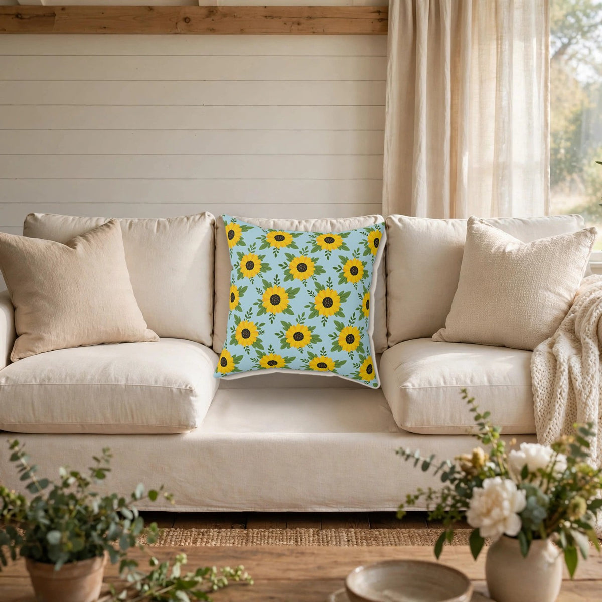 Sunflower Pattern Throw Pillow – Style 2 on a cozy sofa