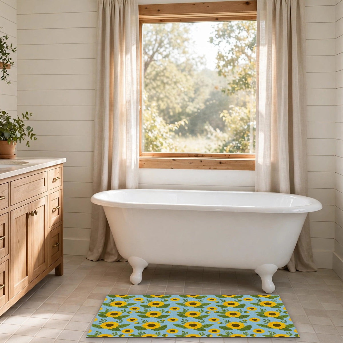 Sunflower Pattern Bath Mat in a bathroom