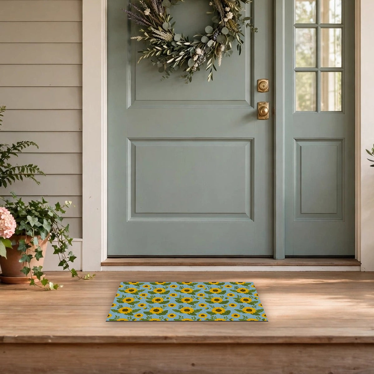 Sunflower Pattern Doormat at a front door