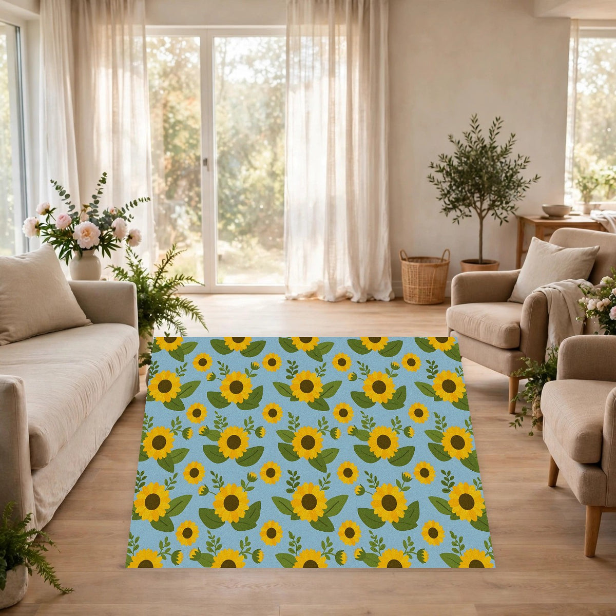 Sunflower Pattern Area Rug in a living room