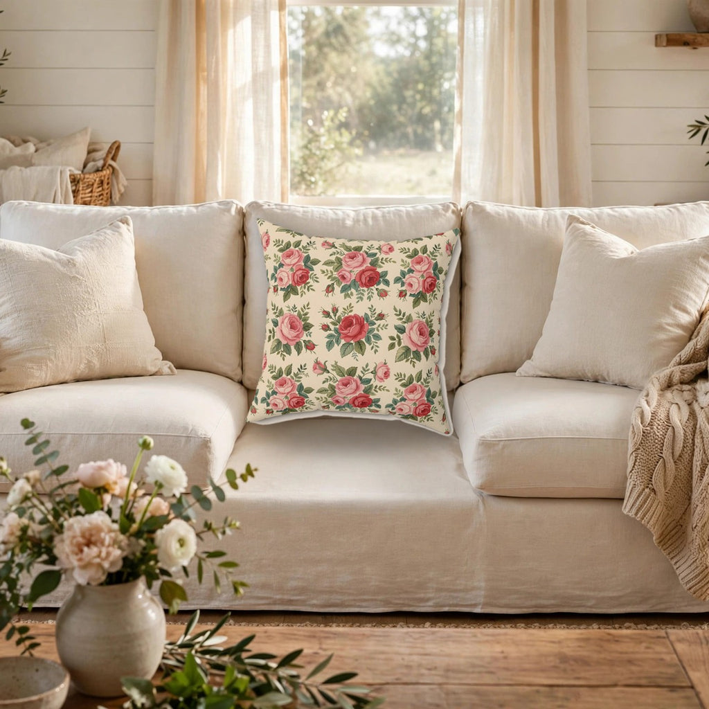 English Rose Chintz Pattern Throw Pillow on a cozy sofa
