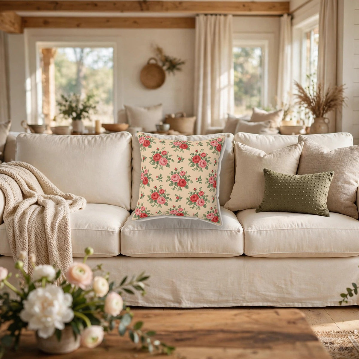 English Rose Chintz Pattern Throw Pillow – Style 2 on a cozy sofa