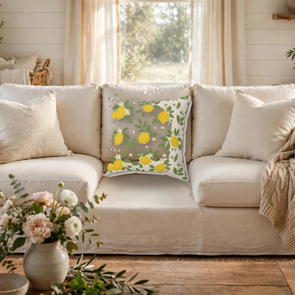 Farmhouse Lemon Pattern Throw Pillow on a cozy sofa
