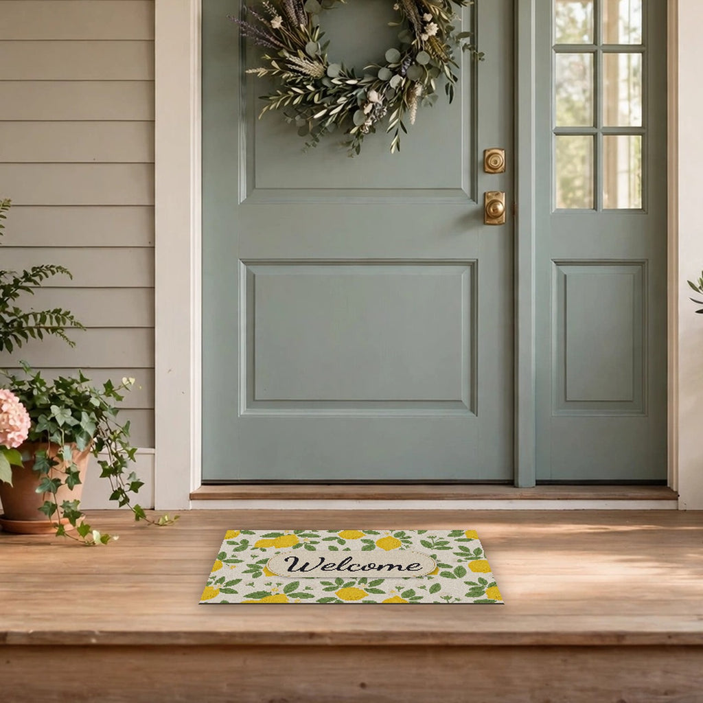 Farmhouse Lemon Pattern Welcome Doormat at a front door