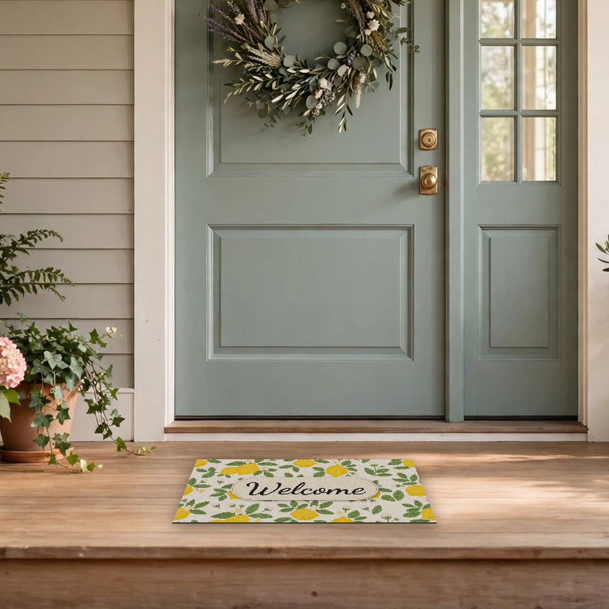 Farmhouse Lemon Pattern Welcome Doormat at a front door
