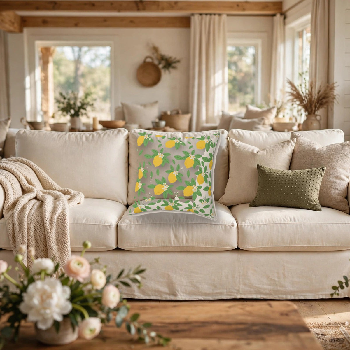 Farmhouse Lemon Pattern Throw Pillow – Style 2 on a cozy sofa