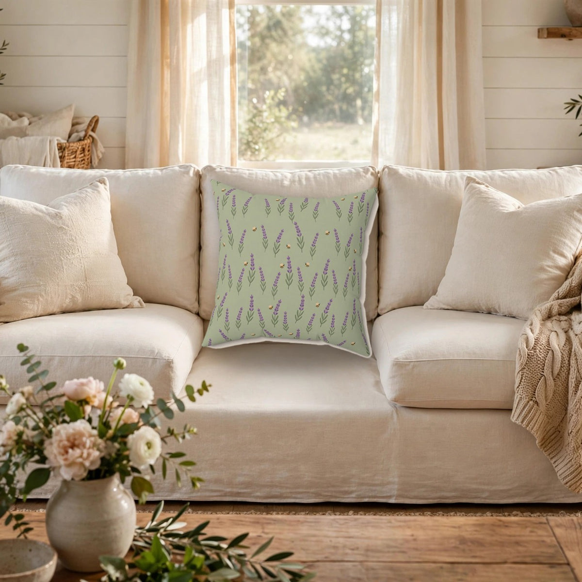 Lavender Sprigs Pattern Throw Pillow – Style 2 on a cozy sofa