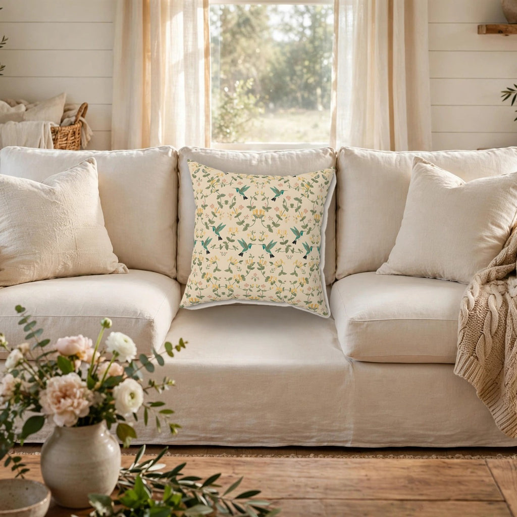 Hummingbirds and Honeysuckle Pattern Throw Pillow on a cozy sofa