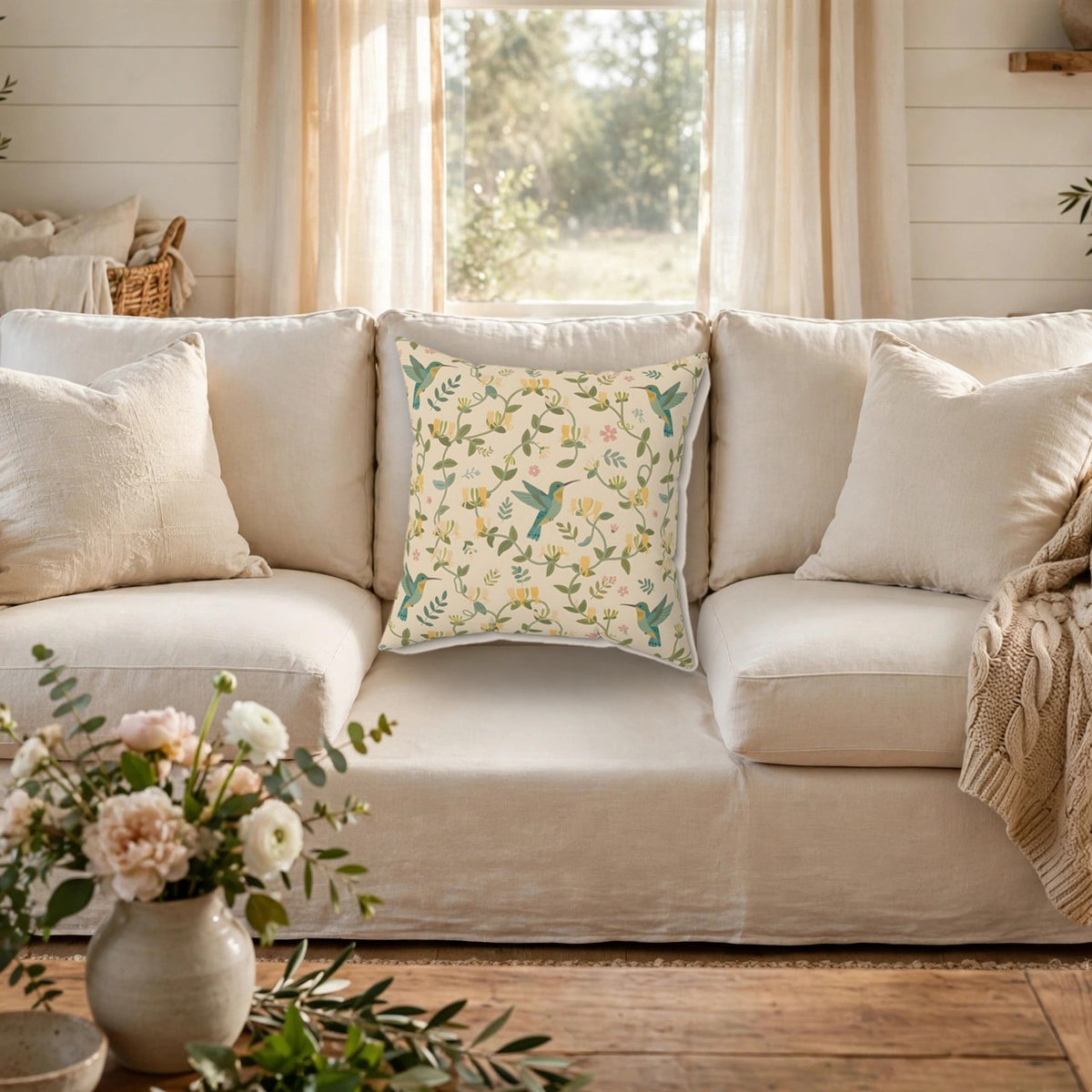 Hummingbirds and Honeysuckle Pattern Throw Pillow – Style 2 on a cozy sofa
