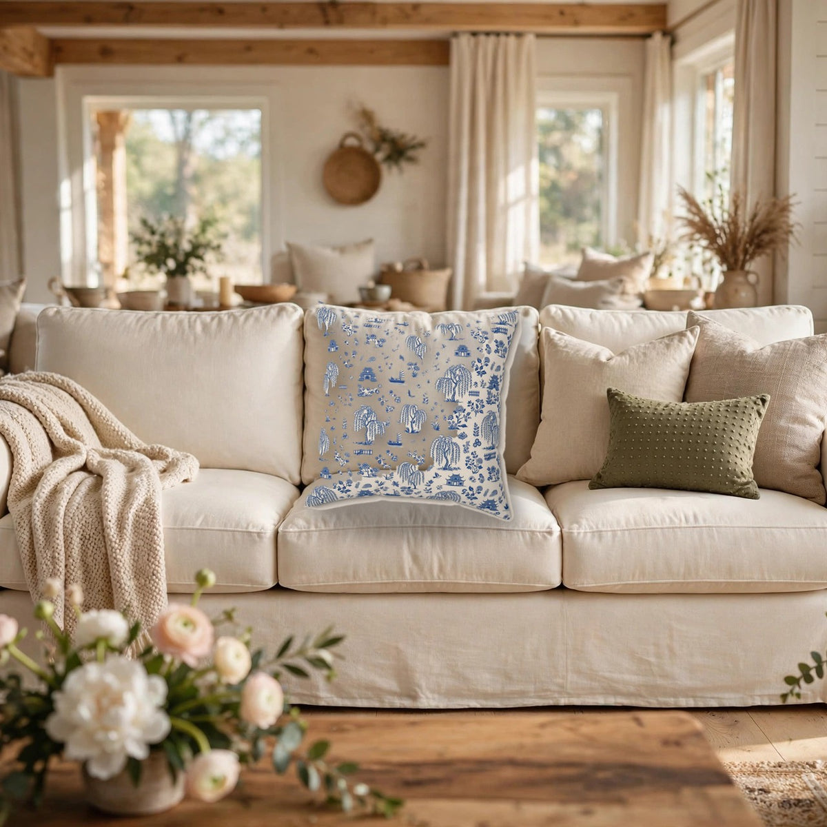 Blue Willow China Pattern Throw Pillow on a cozy sofa
