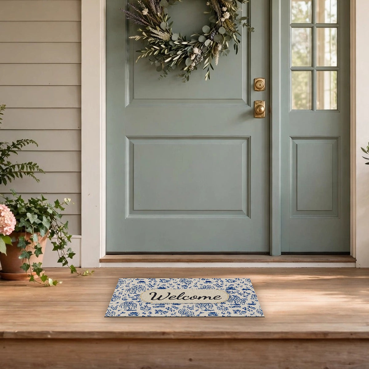 Blue Willow China Pattern Welcome Doormat at a front door