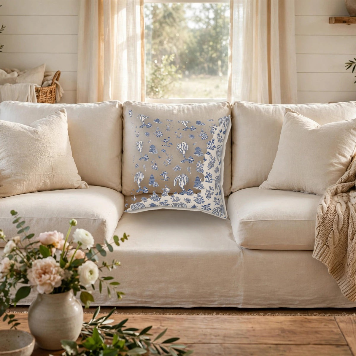 Blue Willow China Pattern Throw Pillow – Style 2 on a cozy sofa