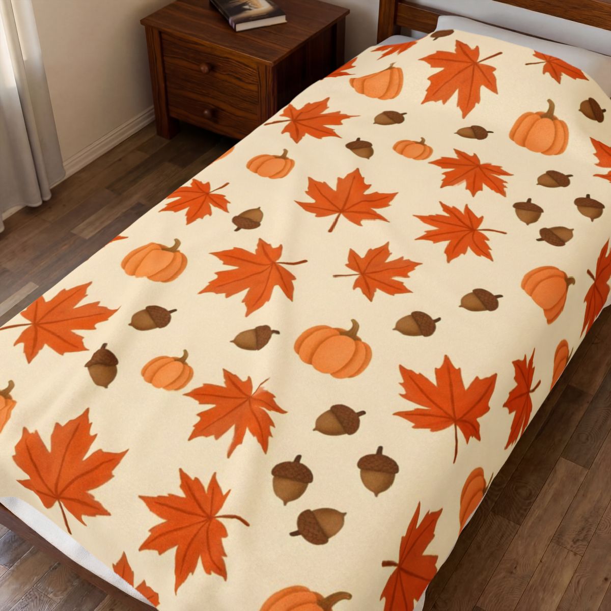 Autumn Leaves and Pumpkins Pattern Velveteen Plush Blanket – Style 2 spread on a bed