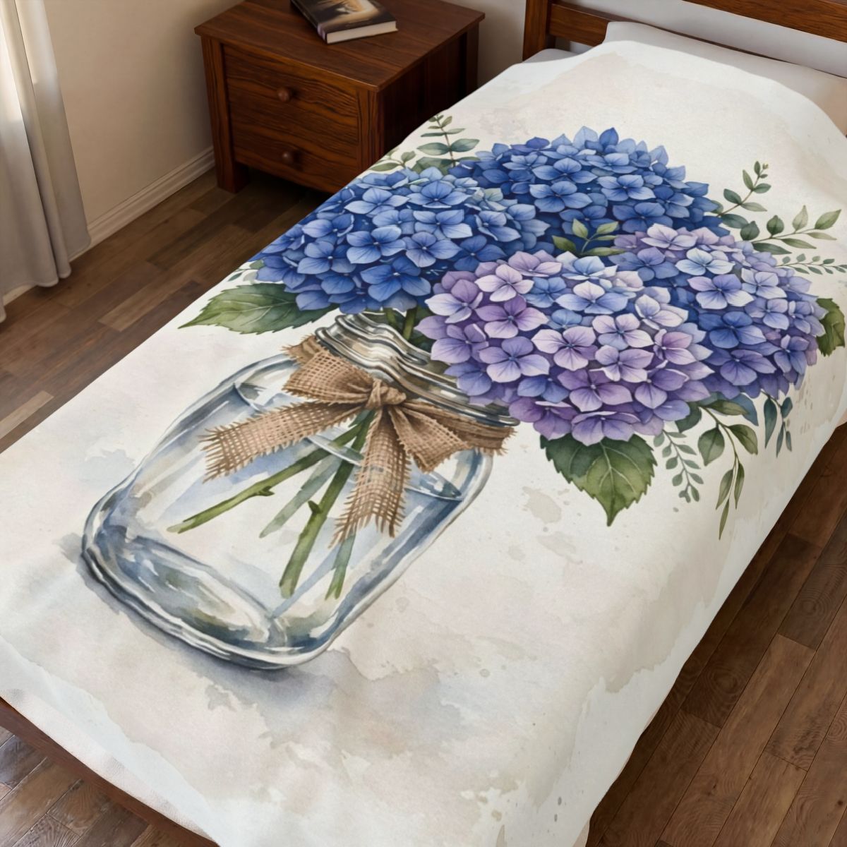 Blue Hydrangeas in a Mason Jar Velveteen Plush Blanket – Style 2 spread on a bed