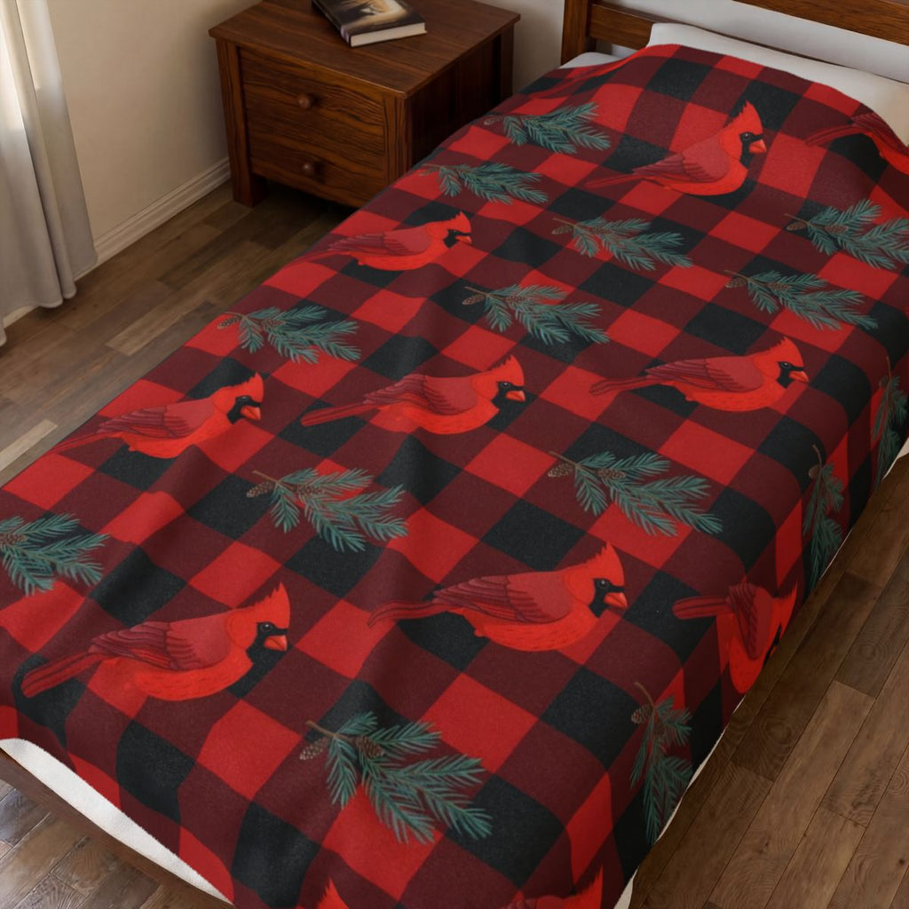 Cardinals and Buffalo Plaid Pattern Velveteen Plush Blanket – Style 2 spread on a bed