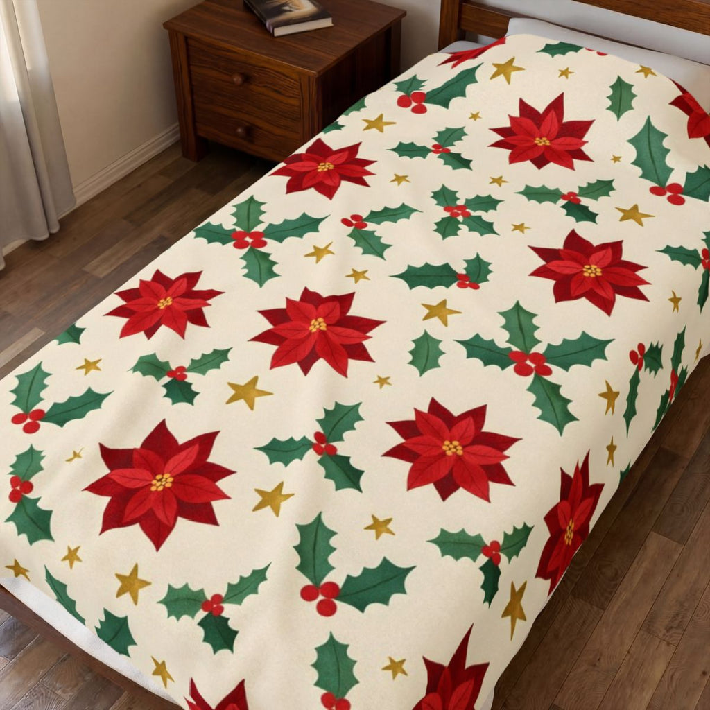 Christmas Poinsettia Pattern Velveteen Plush Blanket – Style 2 spread on a bed