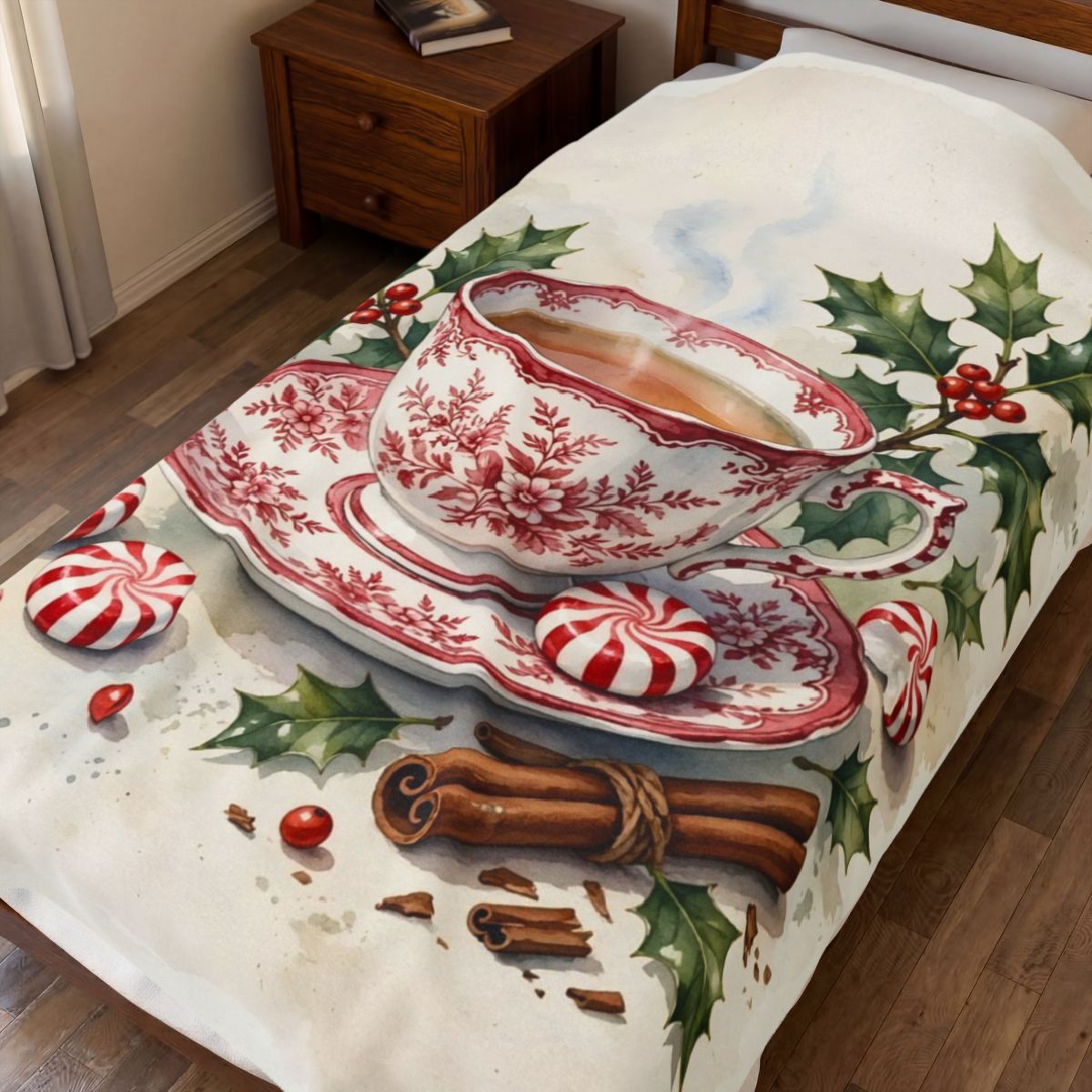 Christmas Teacup with Peppermints Velveteen Plush Blanket spread on a bed