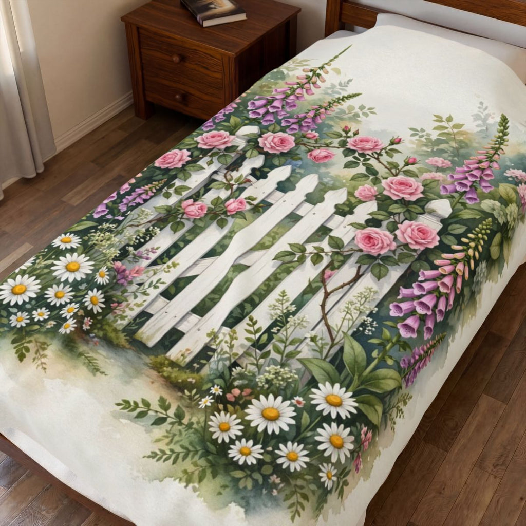 Cottage Garden Gate Velveteen Plush Blanket spread on a bed