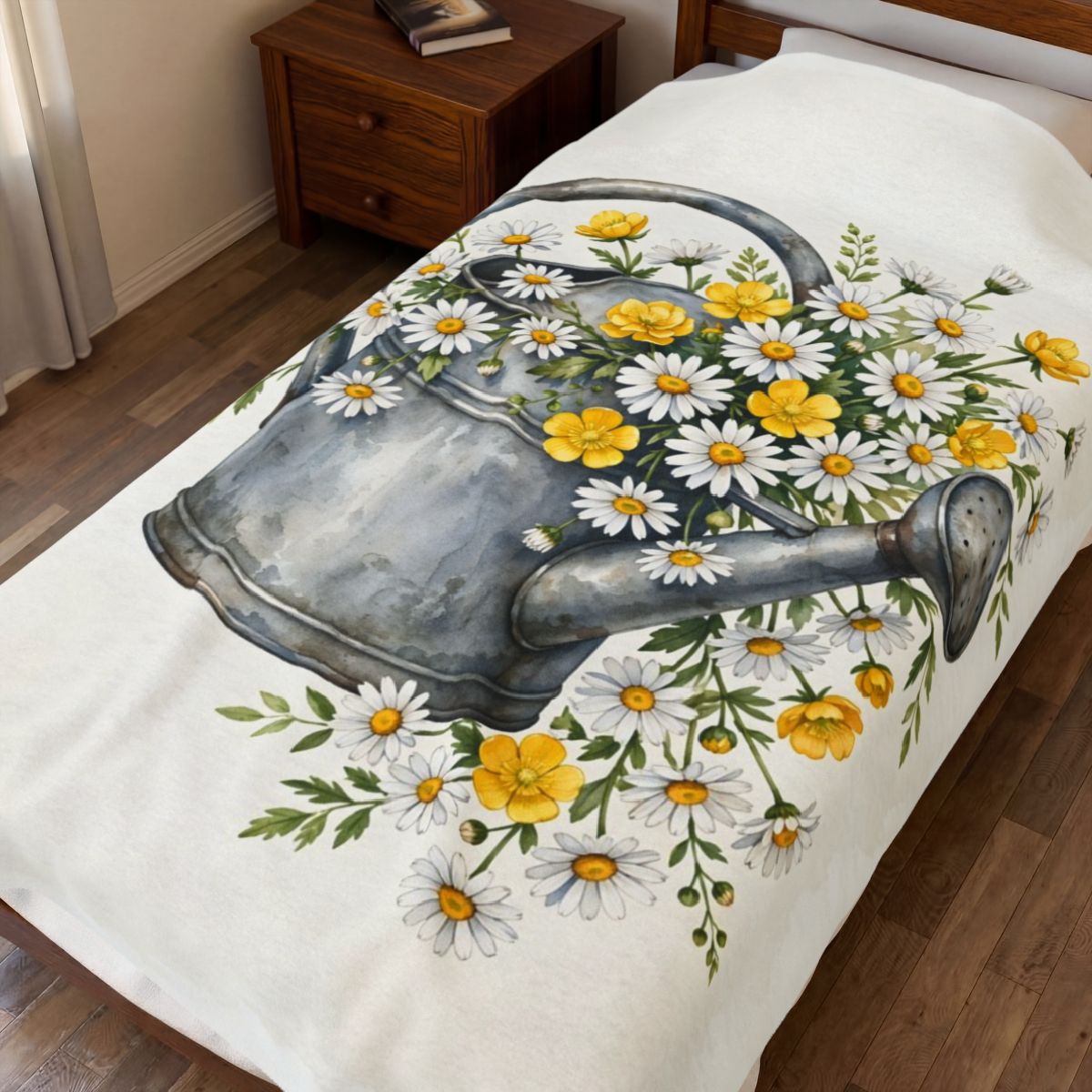 Daisies in a Watering Can Velveteen Plush Blanket spread on a bed