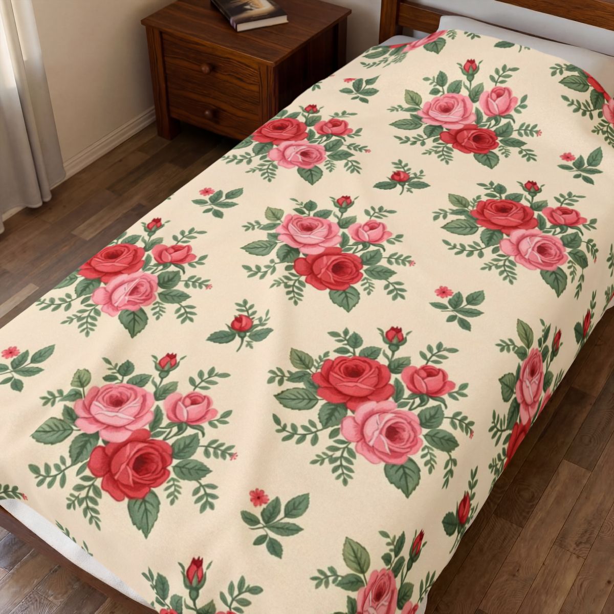 English Rose Chintz Pattern Velveteen Plush Blanket – Style 2 spread on a bed