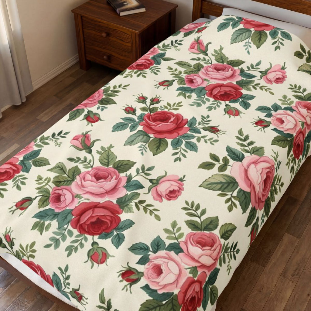 English Rose Chintz Pattern Velveteen Plush Blanket spread on a bed