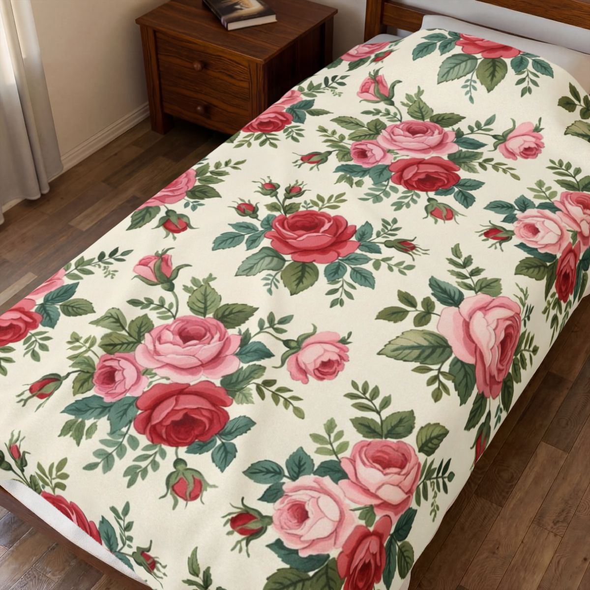 English Rose Chintz Pattern Velveteen Plush Blanket spread on a bed