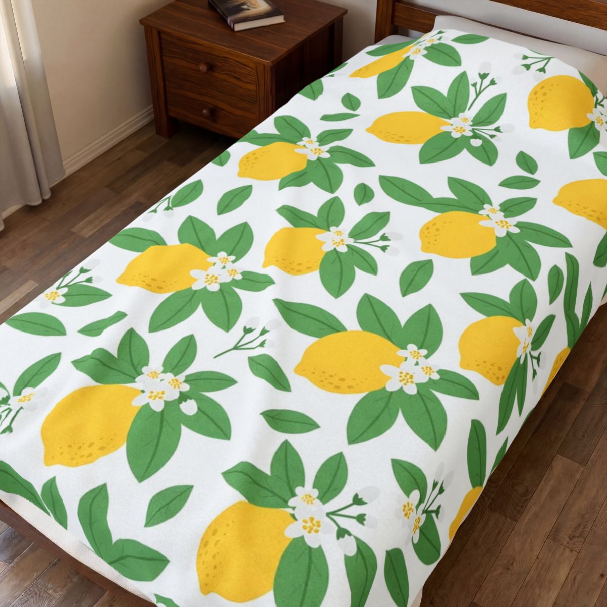 Farmhouse Lemon Pattern Velveteen Plush Blanket – Style 2 spread on a bed