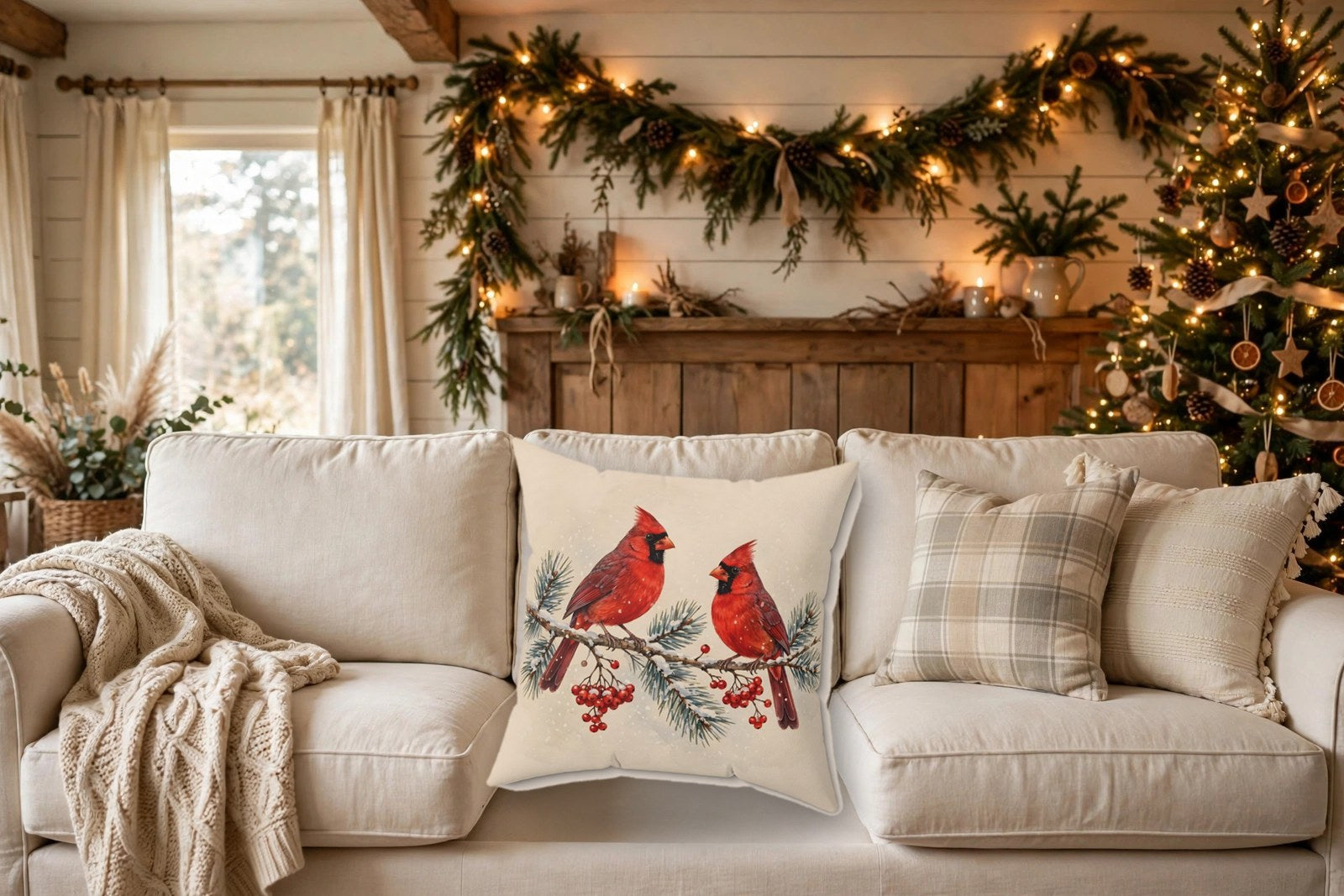 Cardinal throw pillow on a cream sofa in a cozy Christmas living room