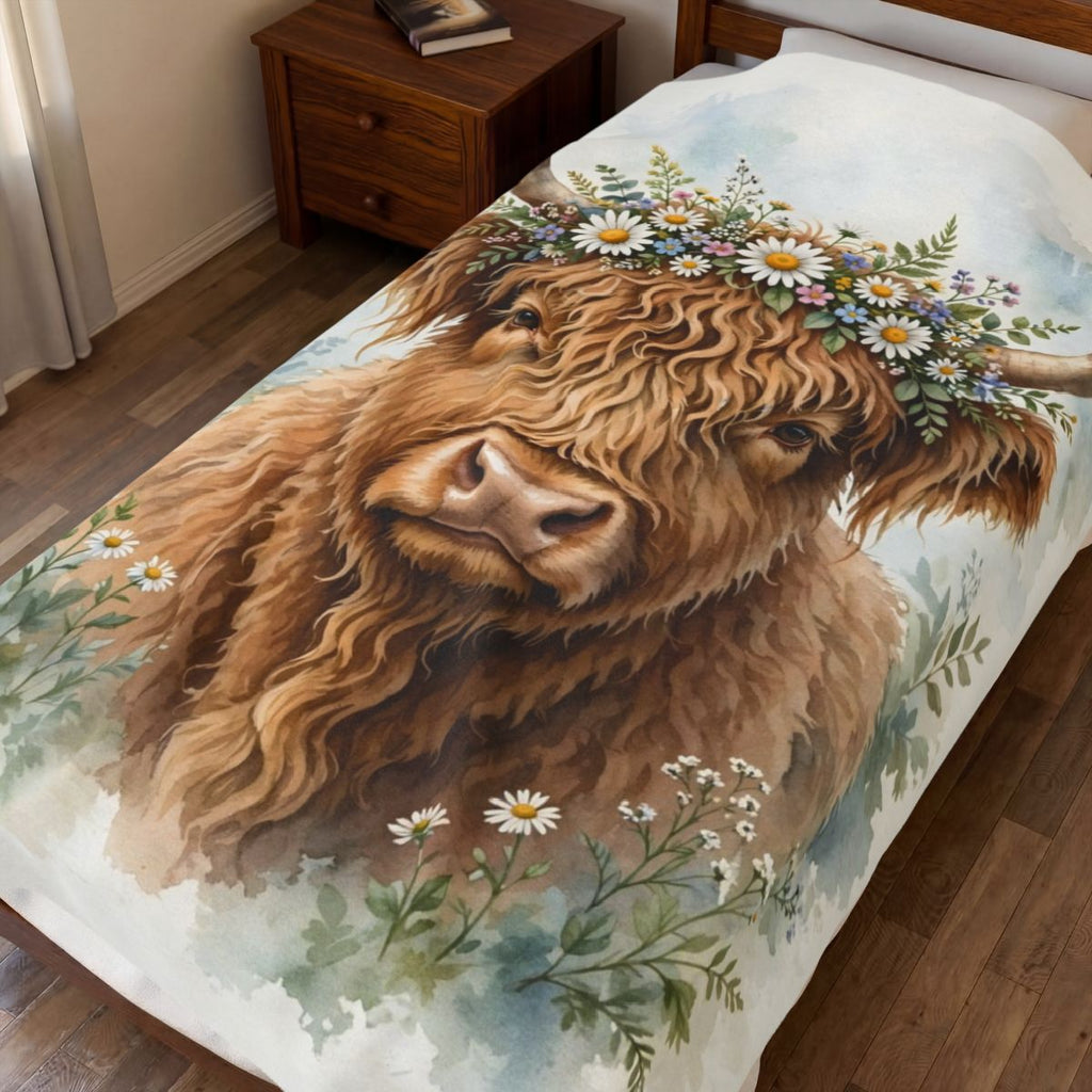 Highland Cow with Flower Crown Velveteen Plush Blanket – Style 2 spread on a bed