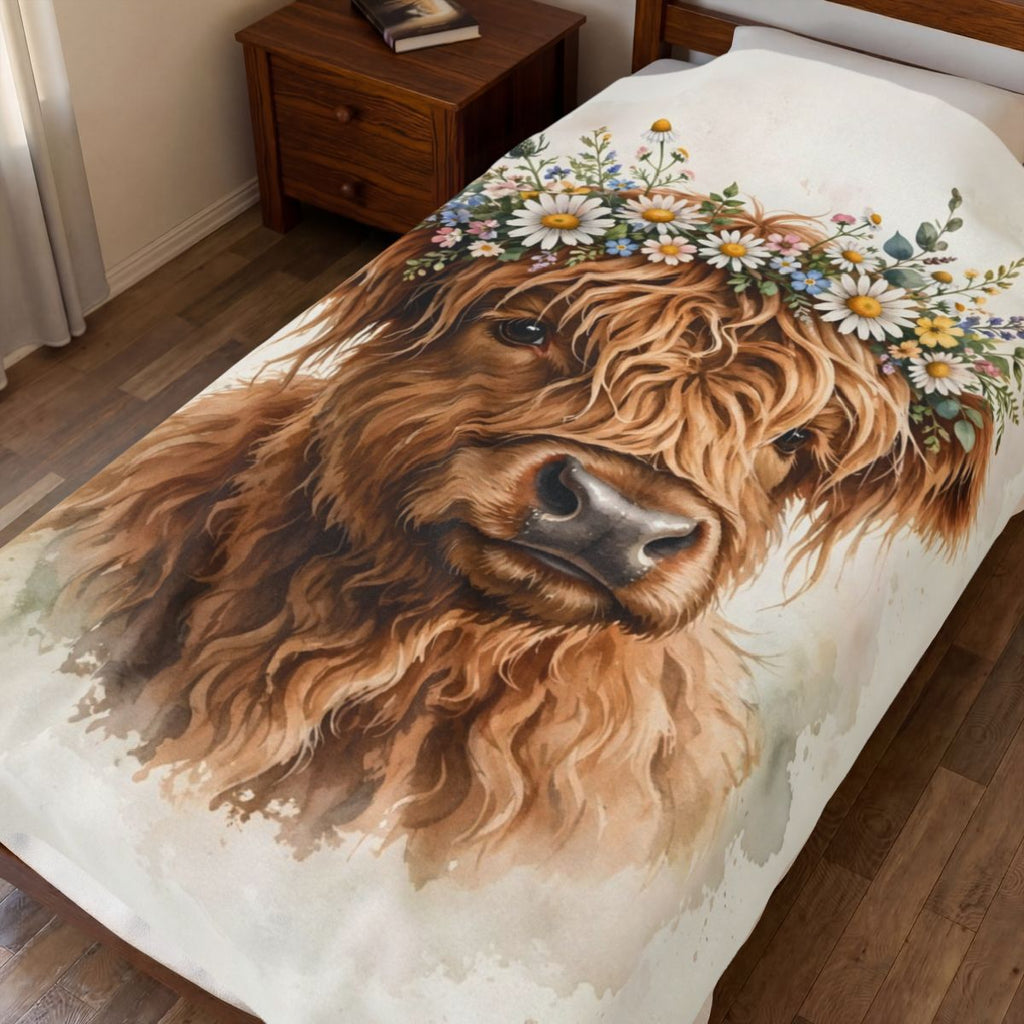 Highland Cow with Flower Crown Velveteen Plush Blanket spread on a bed