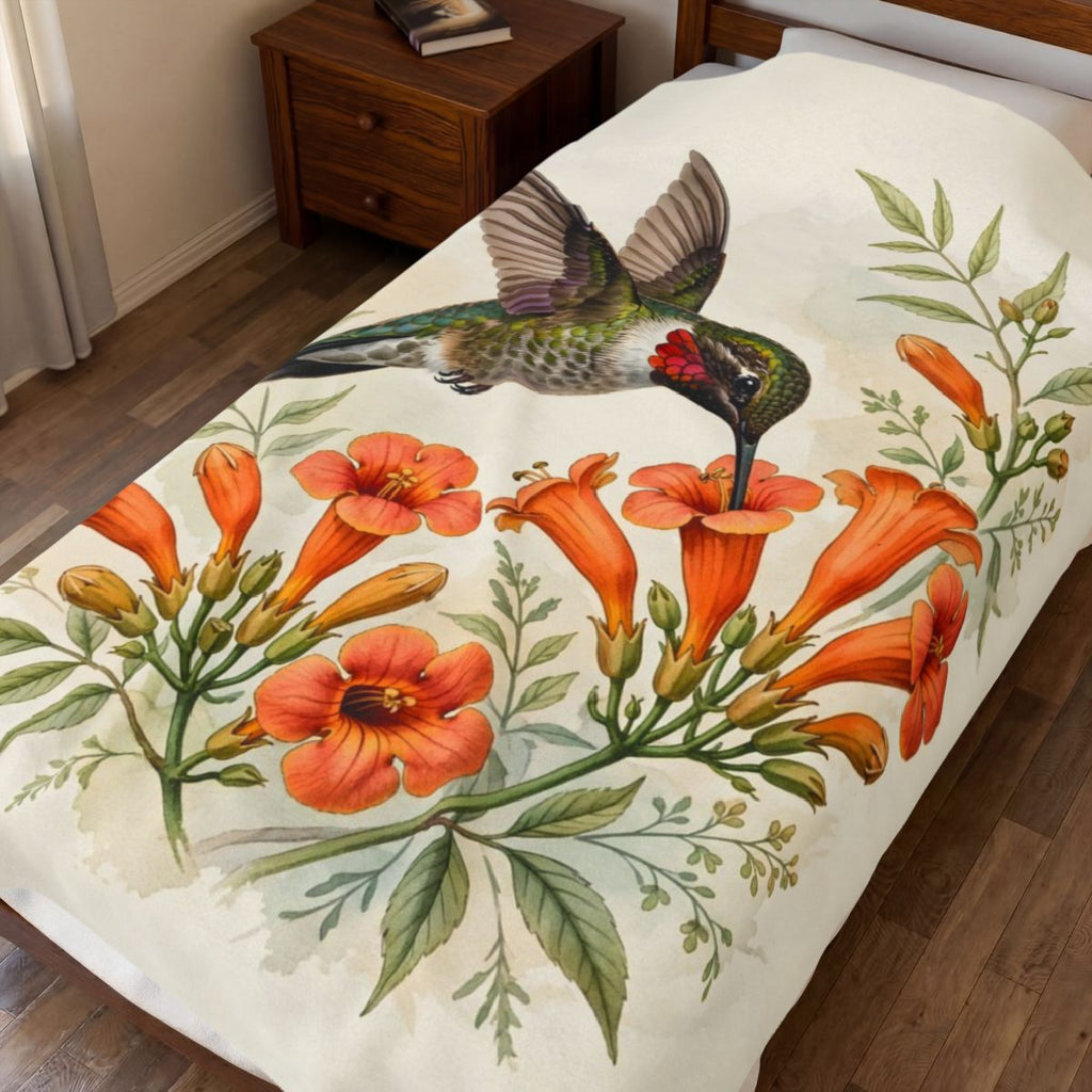 Hummingbird and Trumpet Flowers Velveteen Plush Blanket – Style 2 spread on a bed