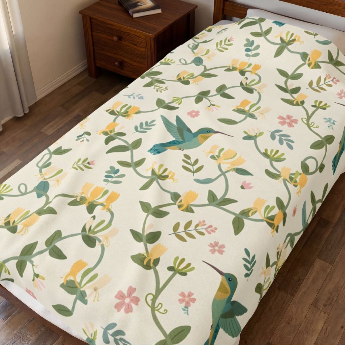 Hummingbirds and Honeysuckle Pattern Velveteen Plush Blanket – Style 2 spread on a bed