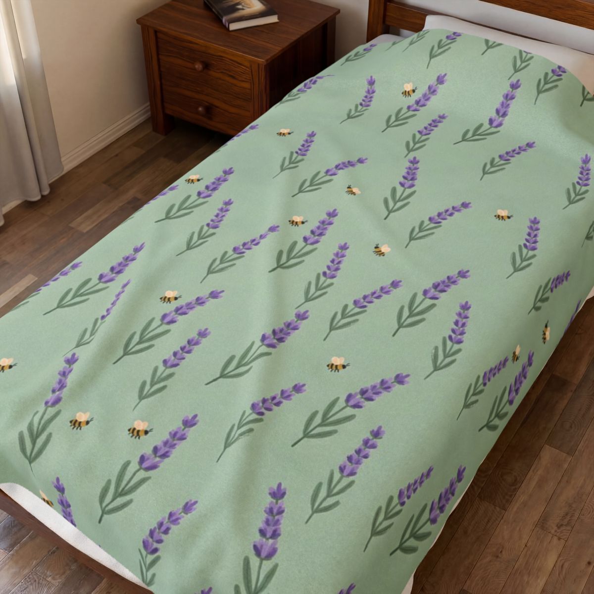 Lavender Sprigs Pattern Velveteen Plush Blanket – Style 2 spread on a bed