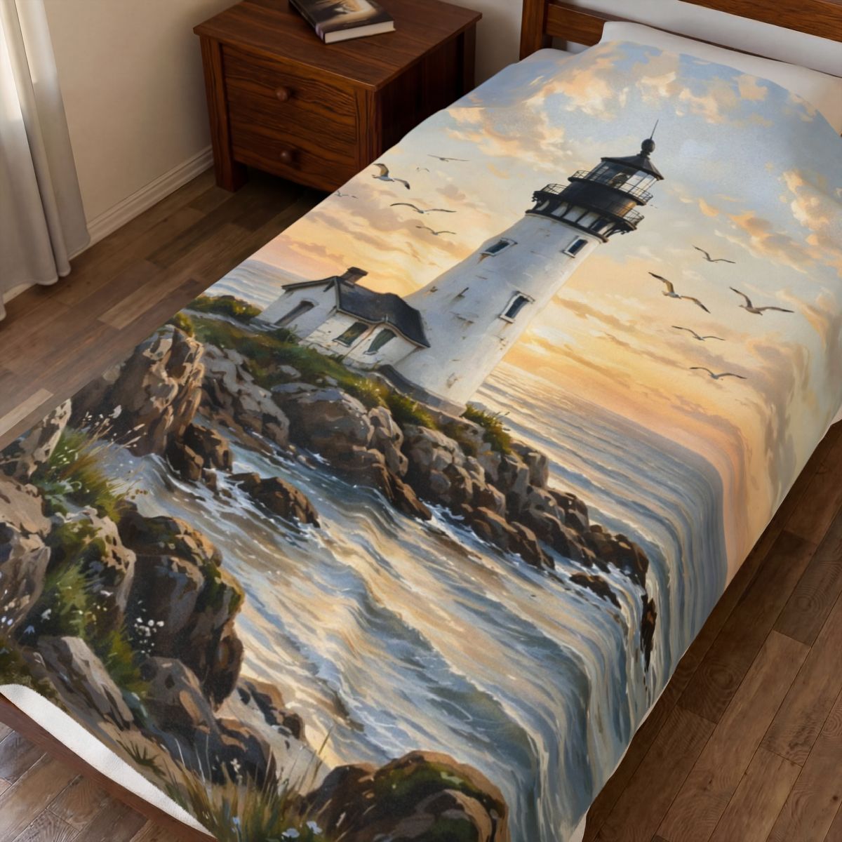 Lighthouse at Golden Hour Velveteen Plush Blanket spread on a bed