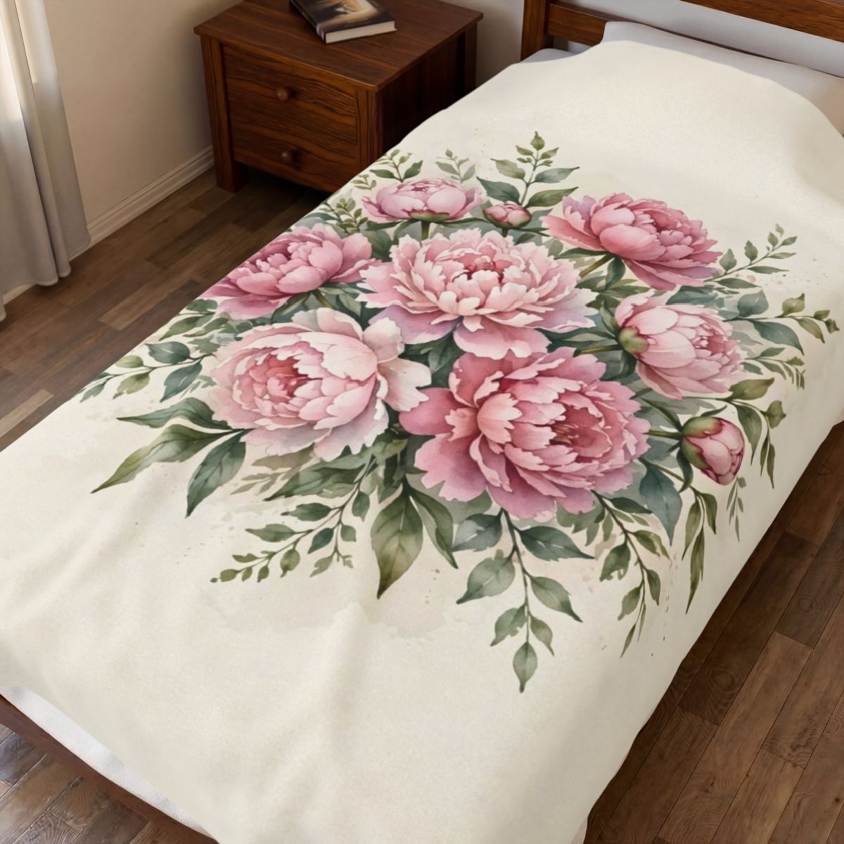 Pink Peonies Watercolor Velveteen Plush Blanket – Style 2 spread on a bed