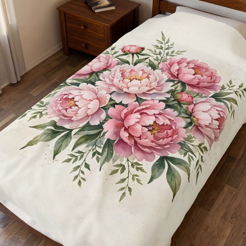 Pink Peonies Watercolor Velveteen Plush Blanket spread on a bed